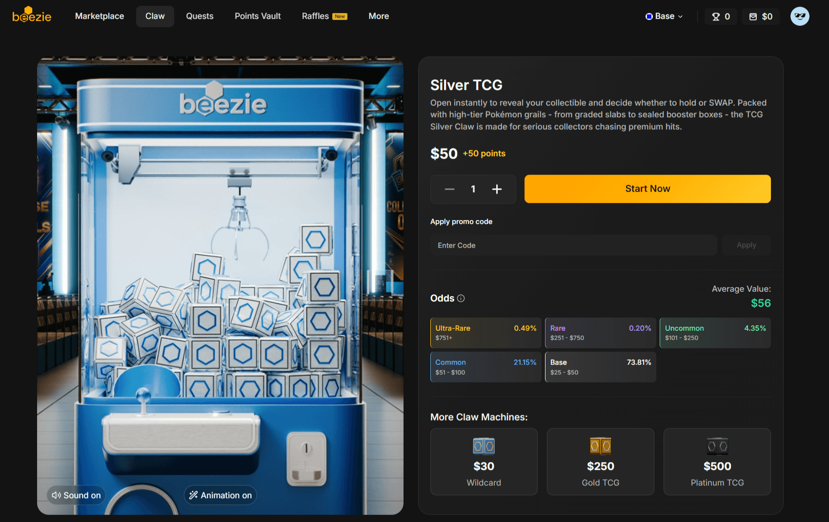 Beezie's Silver TCG Claw at $50, showing an average value of $55 and five tiers: Ultra-Rare 0.19% at $751+, Rare 0.57% at $251-$750, Uncommon 4.67% at $101-$250, Common 21.62% at $51-$100 and Base 72.95% at $25-$50.